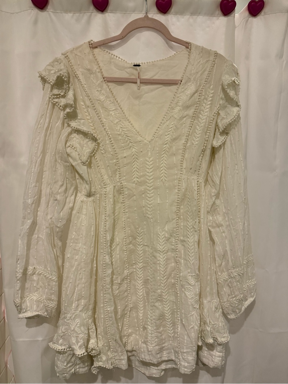 Free People Cream Embroidered V-Neck Ruffle Dress